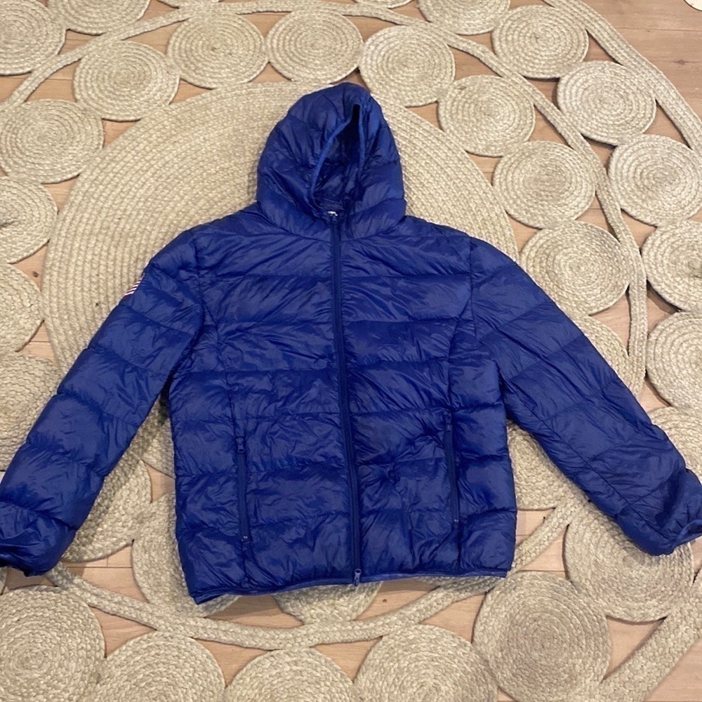 Stratton Mountain school blue mens puffer goose down L